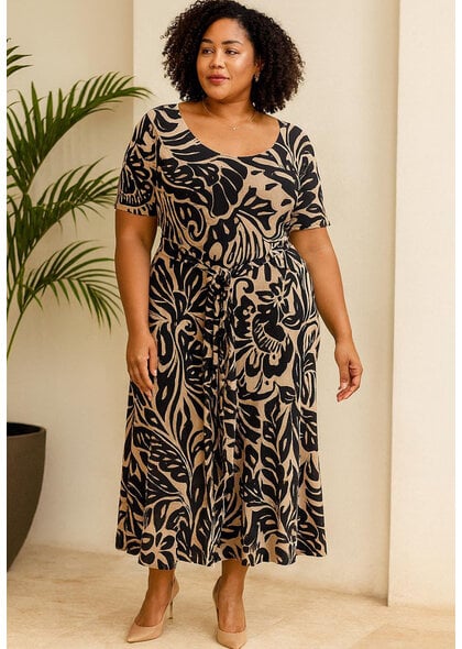 Signature MELITA- Plus Size Printed Tie Waist Short Sleeve Dress