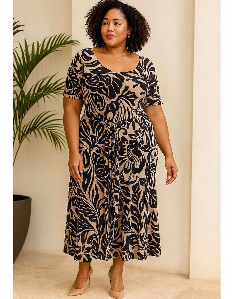Signature MELITA- Plus Size Printed Tie Waist Short Sleeve Dress