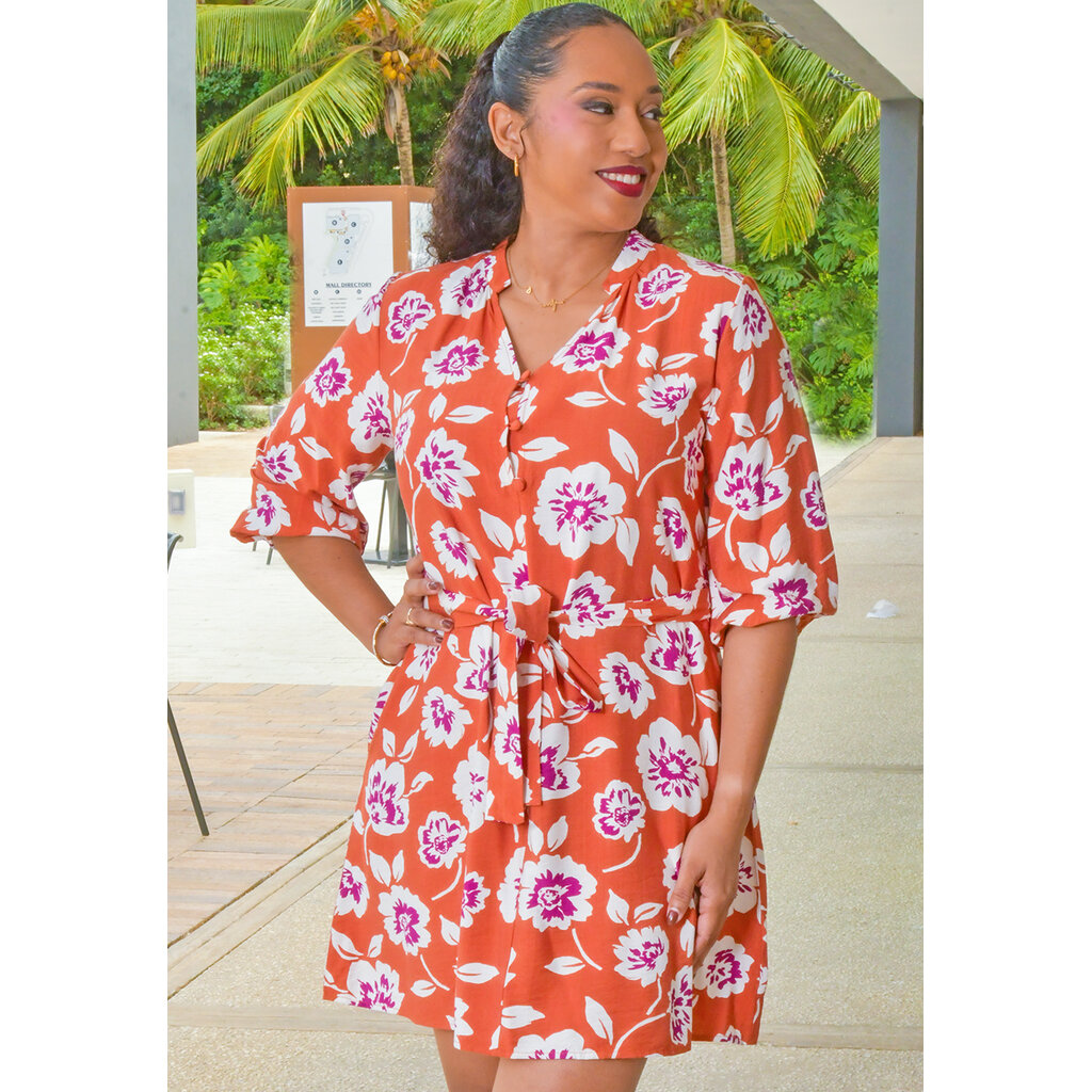 KADILIA- Floral Balloon Sleeve Dress with Band