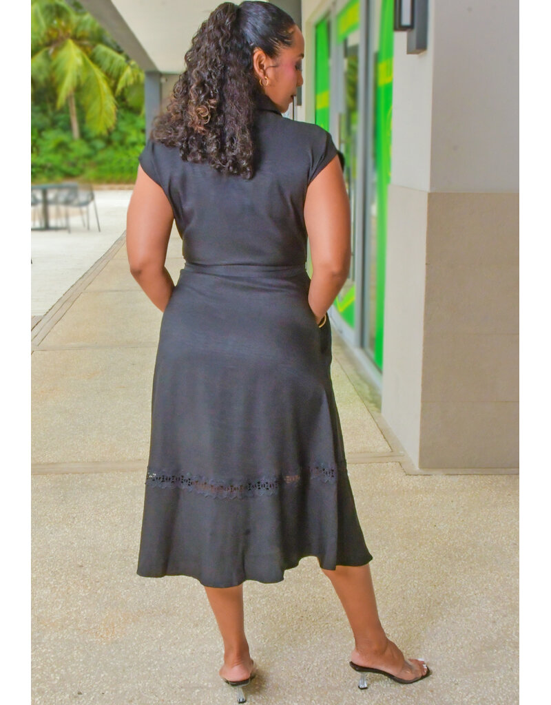 Nina Leonard KENZY- Solid Botton Down Dress with Crochet Patch