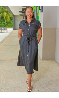 Nina Leonard KENZY- Solid Botton Down Dress with Crochet Patch