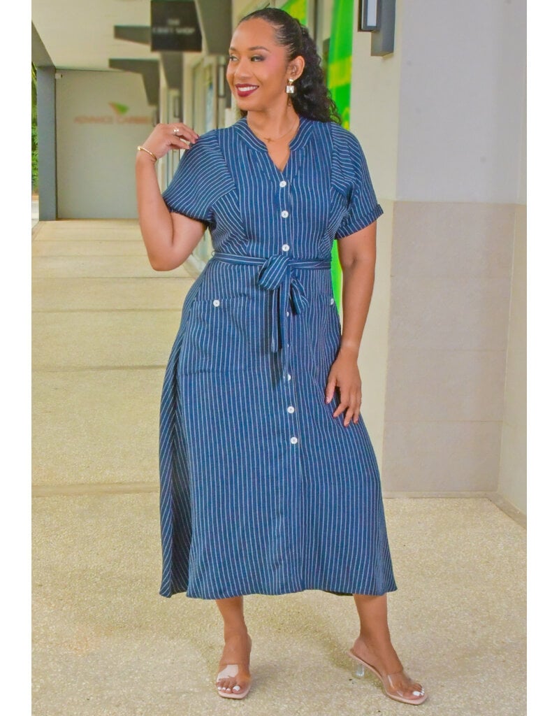 Maison Tara KIGGE- Stripe Botton Down Dress with Cuff Arms