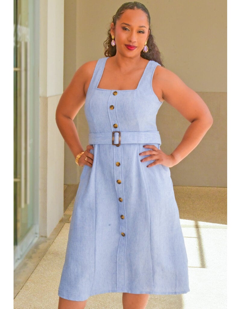 Nina Leonard KIMIK- Small Straps Button Down Dress with Belt