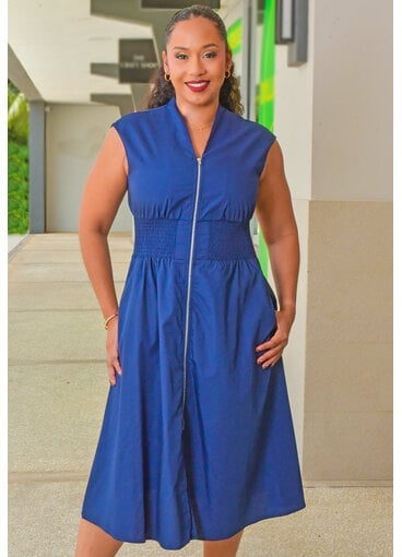Sandra Darren KINIE- Solid Zip Front Dress With Elastic Waist
