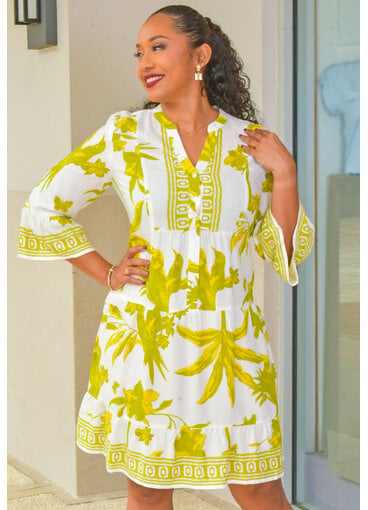 MLLE Gabrielle KOTCHY- Printed V-Neck 3/4 Bell Sleeve Dress