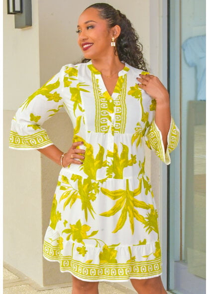 MLLE Gabrielle KOTCHY- Printed V-Neck 3/4 Bell Sleeve Dress