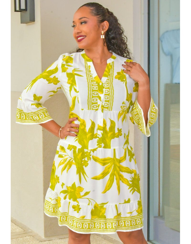 MLLE Gabrielle KOTCHY- Printed V-Neck 3/4 Bell Sleeve Dress