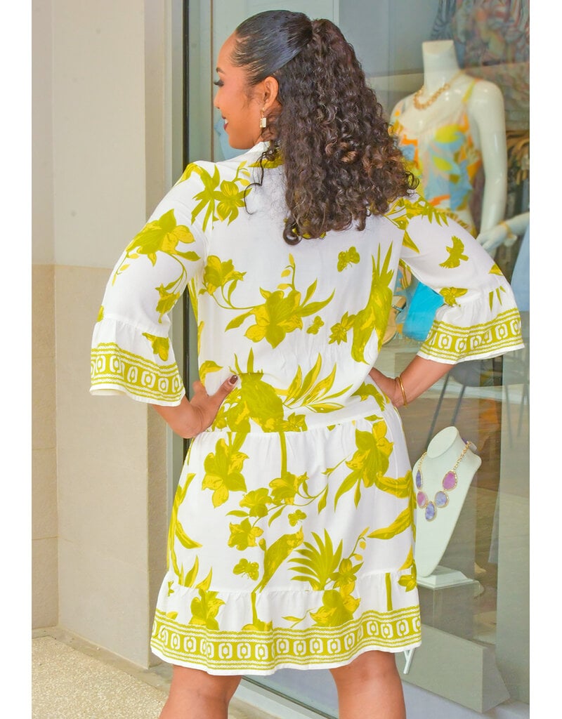 MLLE Gabrielle KOTCHY- Printed V-Neck 3/4 Bell Sleeve Dress