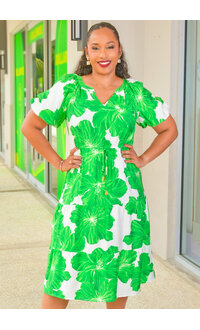 MLLE Gabrielle KYNLEE- Printed V-Neck Elastic Waist Puff Sleeve Dress