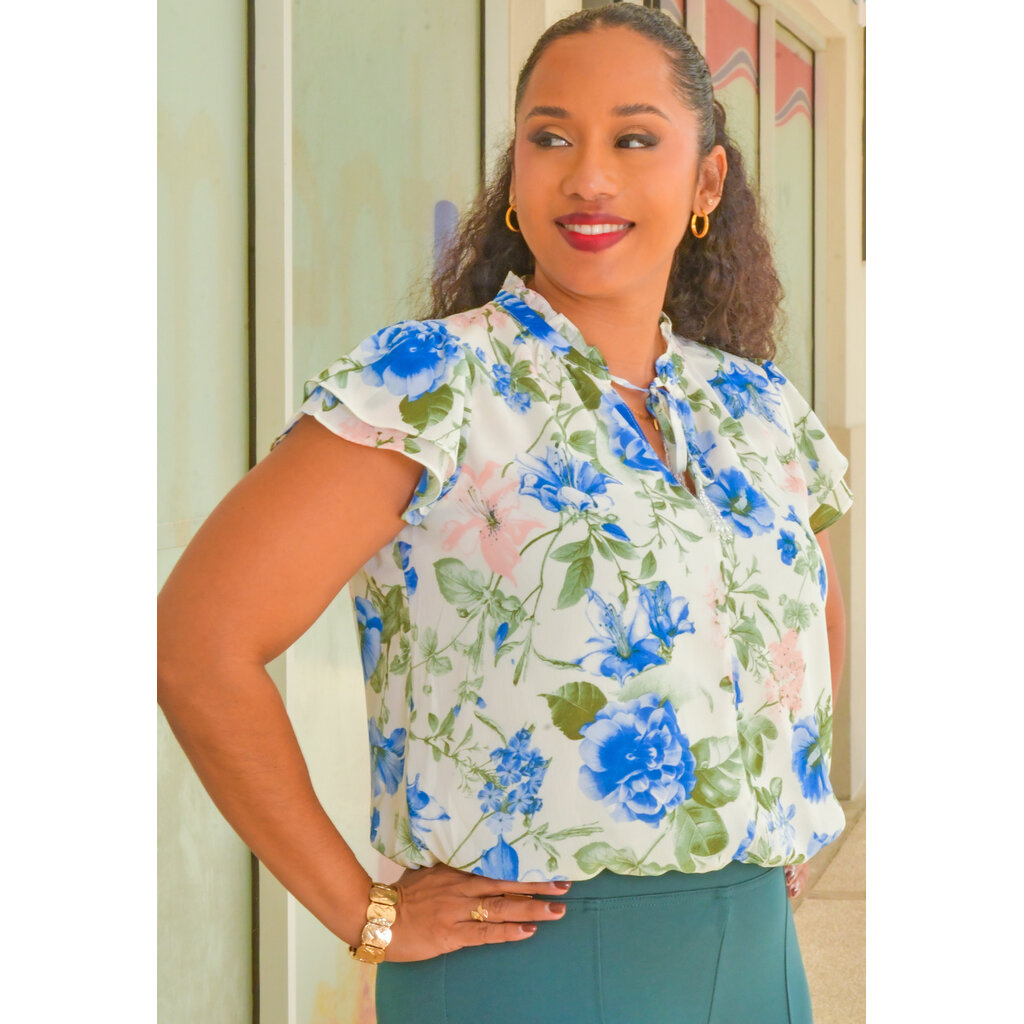 VAKIRA- Floral Tie Neck Double Frill Sleeve Top