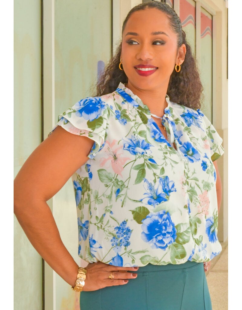 77 PARK VAKIRA- Floral Tie Neck Double Frill Sleeve Top