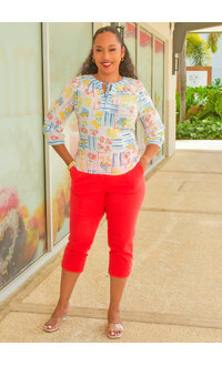 HOPE & HARLOW VINGLE- Printed Tie Neck 3/4 Sleeve Top