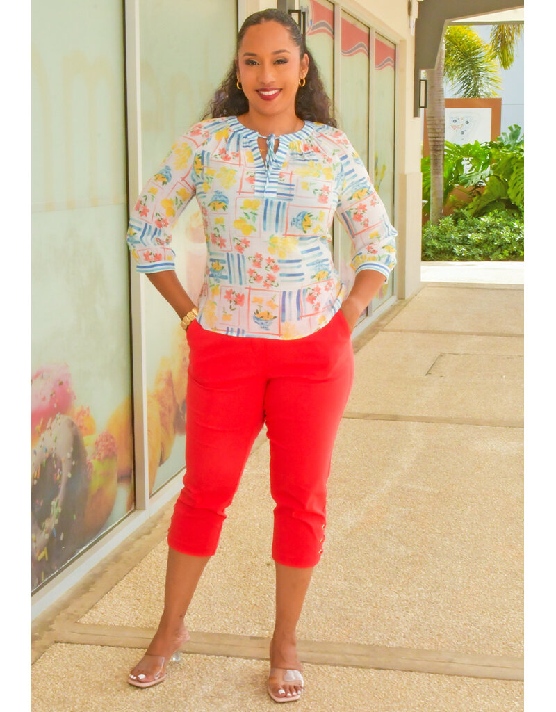 HOPE & HARLOW VINGLE- Printed Tie Neck 3/4 Sleeve Top