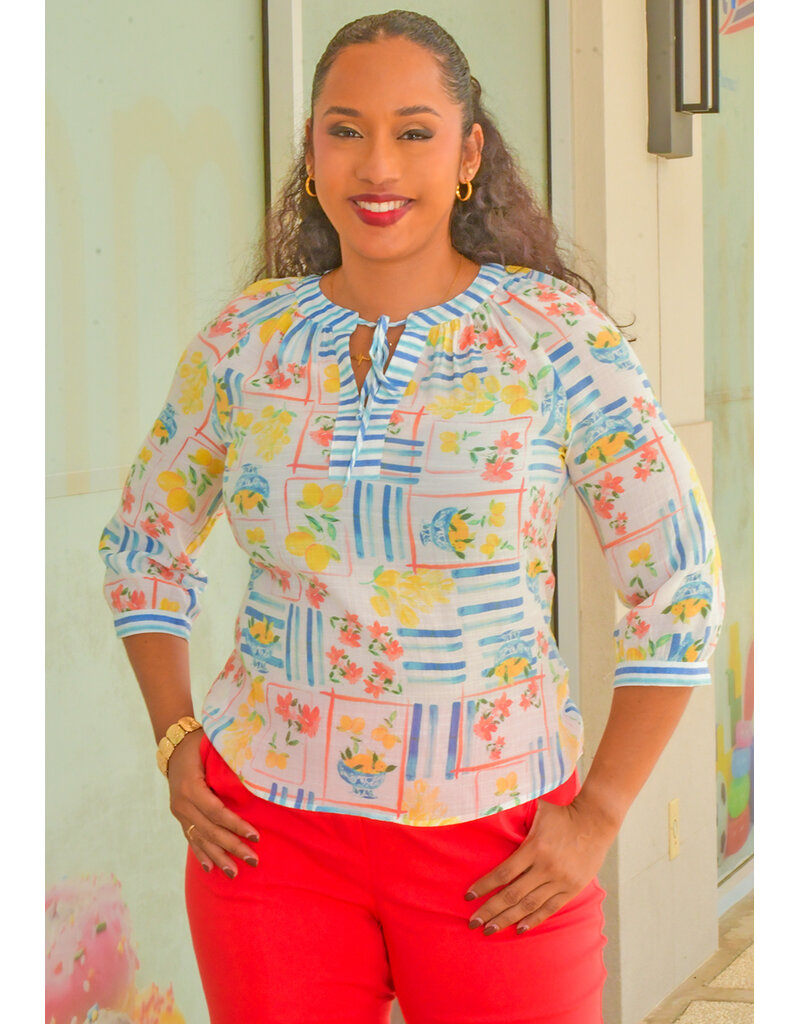 HOPE & HARLOW VINGLE- Printed Tie Neck 3/4 Sleeve Top