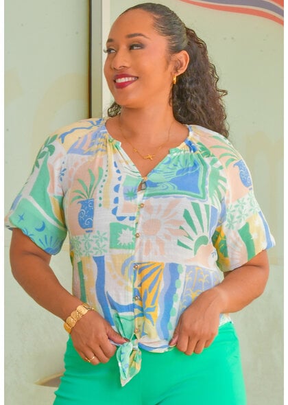 ZAC & RACHEL VIOENA- Printed Button Down Short Sleeve Top