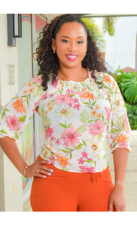 77 PARK VAZUMA- Floral Top with Elastic Neck