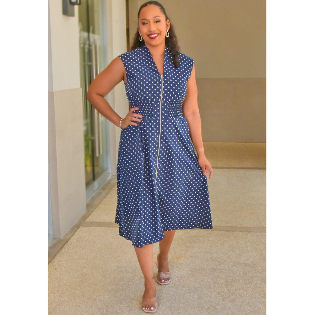 KINIE- Polka Dot Armhole Dress with Zip & Elastic Waist