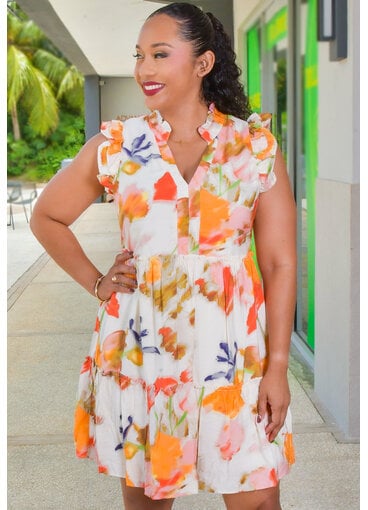 52SEVEN KIGAE- Printed V-Neck Double Drill Arm Dress