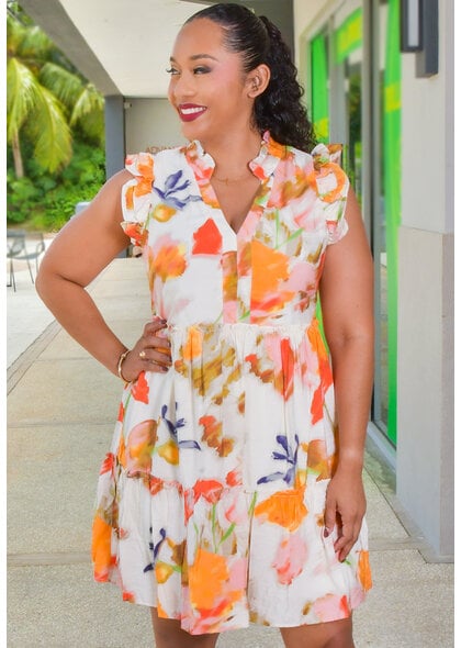 52SEVEN KIGAE- Printed V-Neck Double Drill Arm Dress