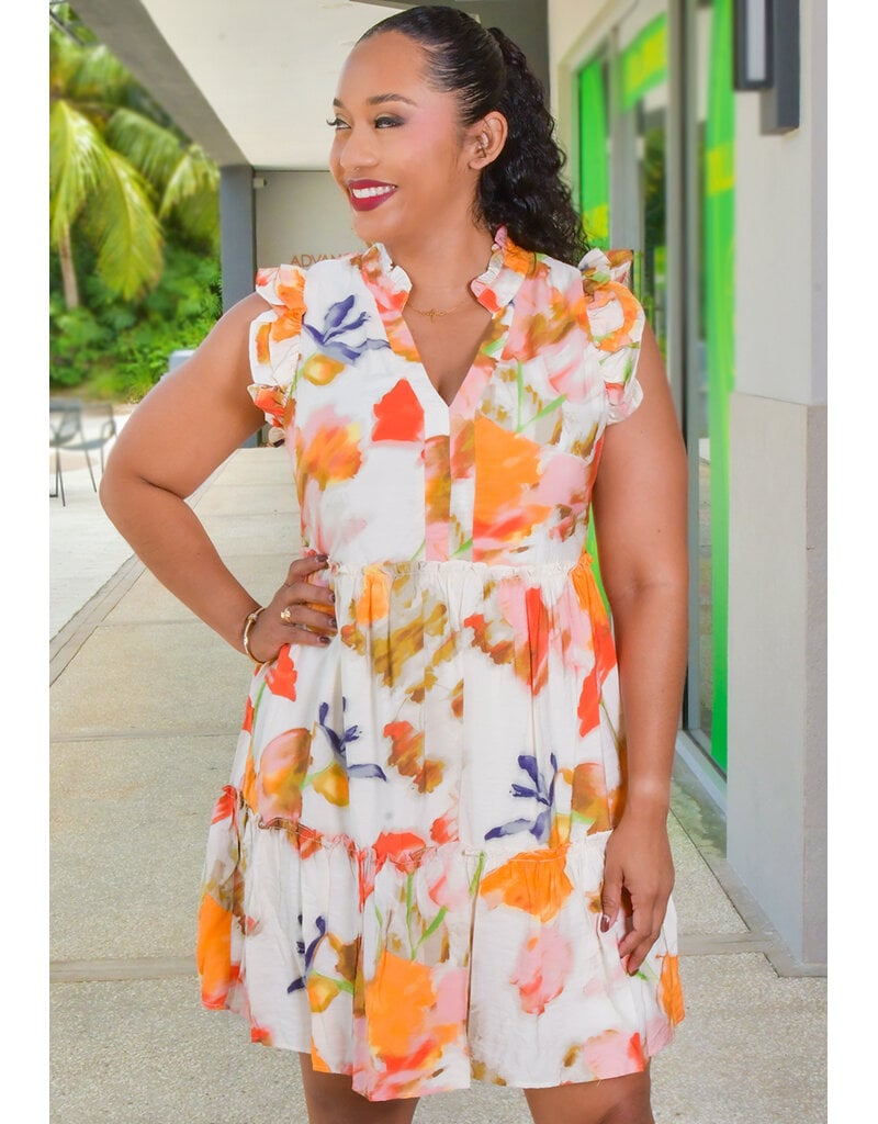52SEVEN KIGAE- Printed V-Neck Double Drill Arm Dress