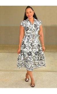 Sharagano KELBEY- Printed Cap Sleeve Button Down Dress