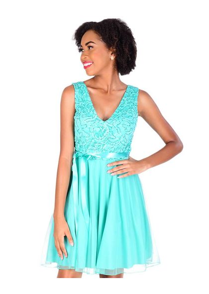 Petite Lace Top Fit and Flare Dress with Mesh Bottom