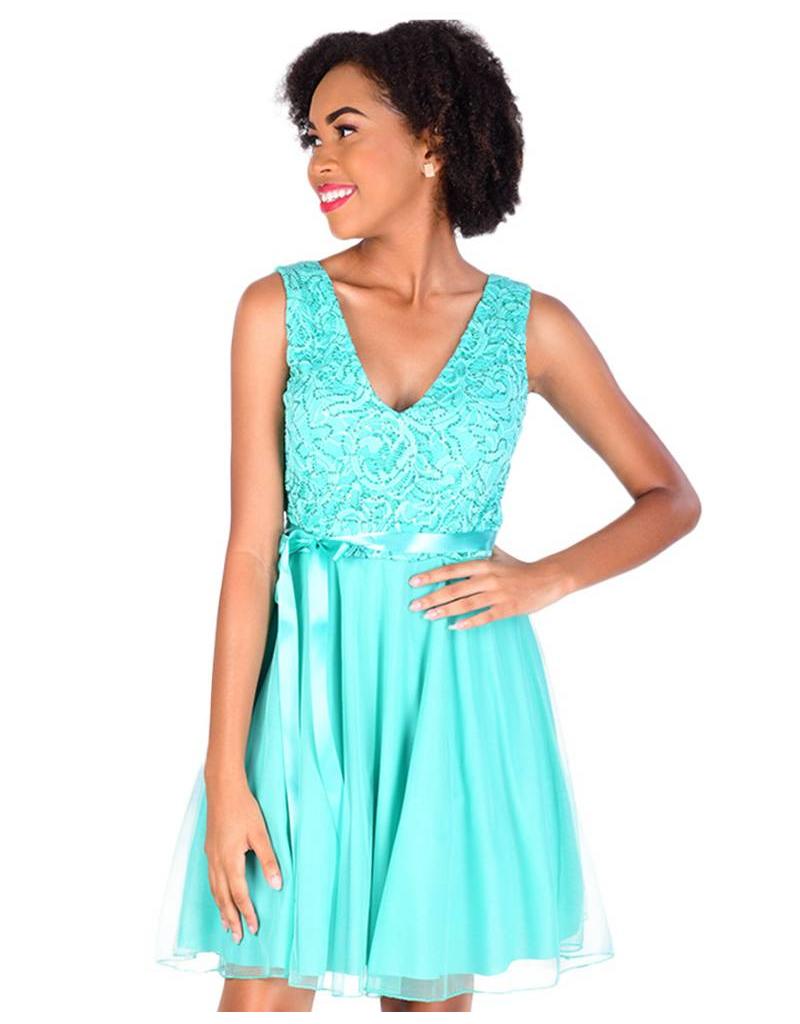 lace top fit and flare dress