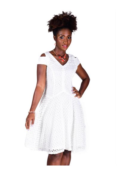 CANDICE-Lace Overlay Eyelet Dress with Cut Outs on the Shoulder