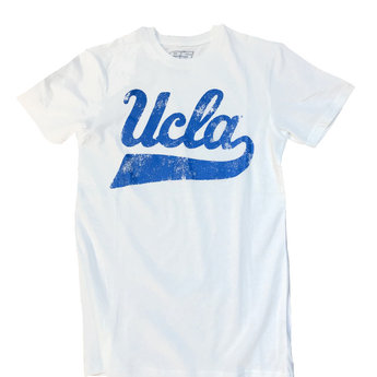 E5 UCLA Blue Script Distressed Tail White T-shirt
