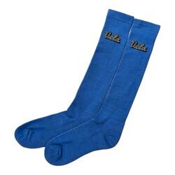TOPSOX UCLA Knee High Socks in Black, White, Blue, and Yellow Stripes