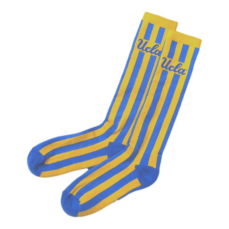 TOPSOX UCLA Knee High Socks in Black, White, Blue, and Yellow Stripes