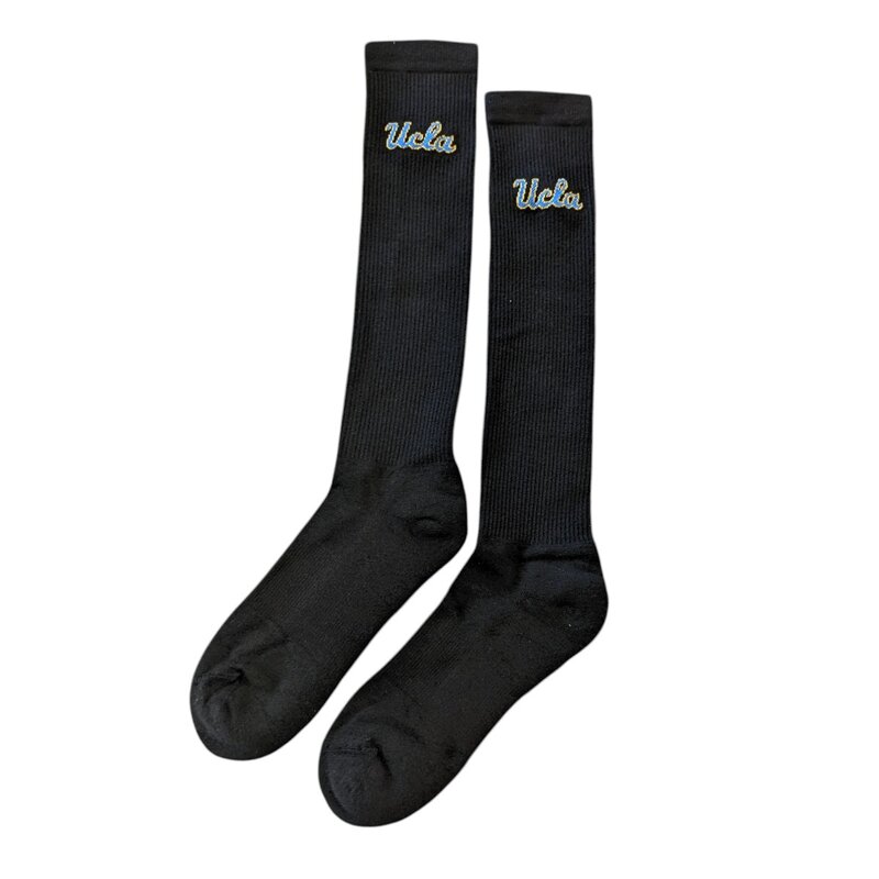 TOPSOX UCLA Knee High Socks in Black, White, Blue, and Yellow Stripes