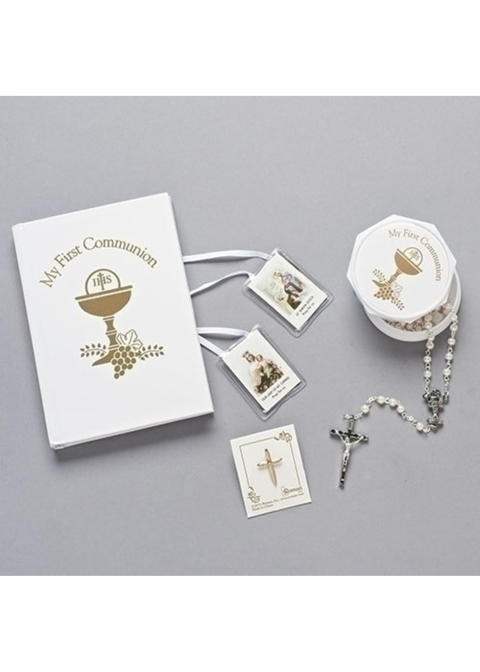 Communion Set Rosary, Book, Pin, Scaplr