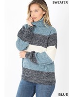 Zenana Color Block Balloon Sleeve Turtleneck Sweater