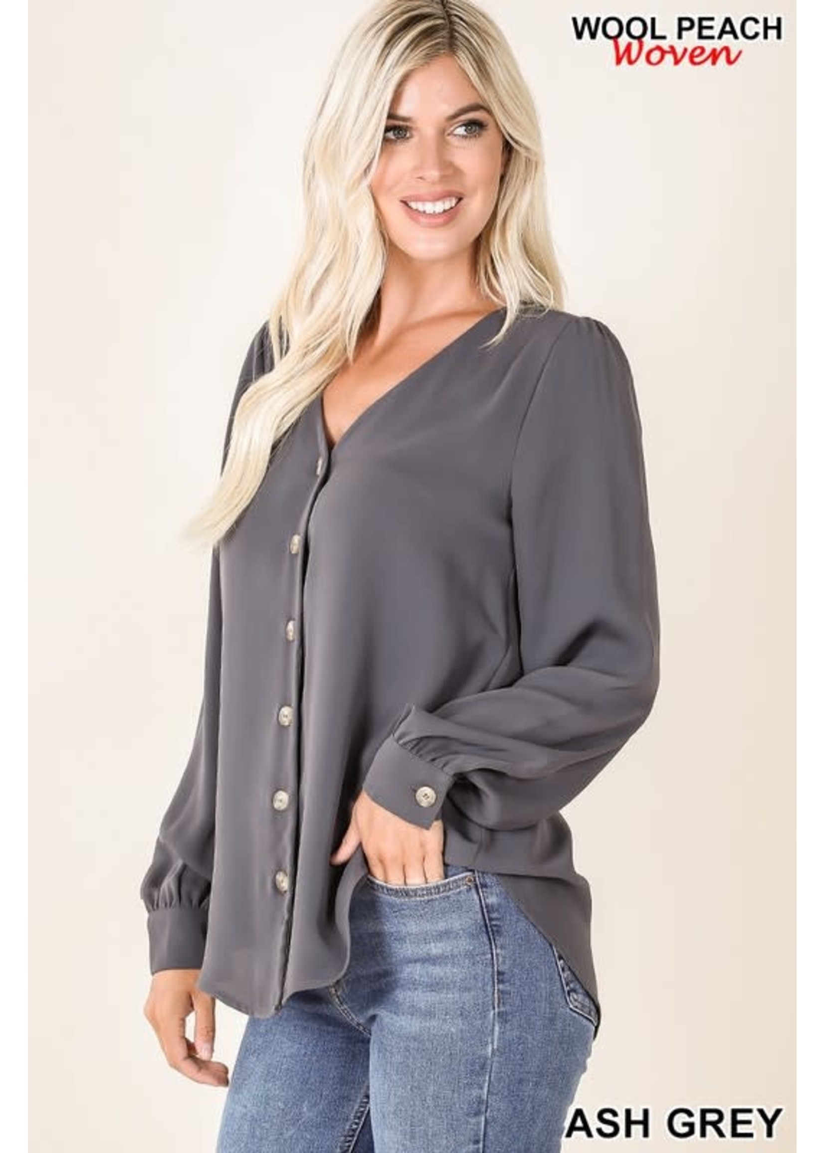 Zenana Woven Puff Sleeve Button Shirt