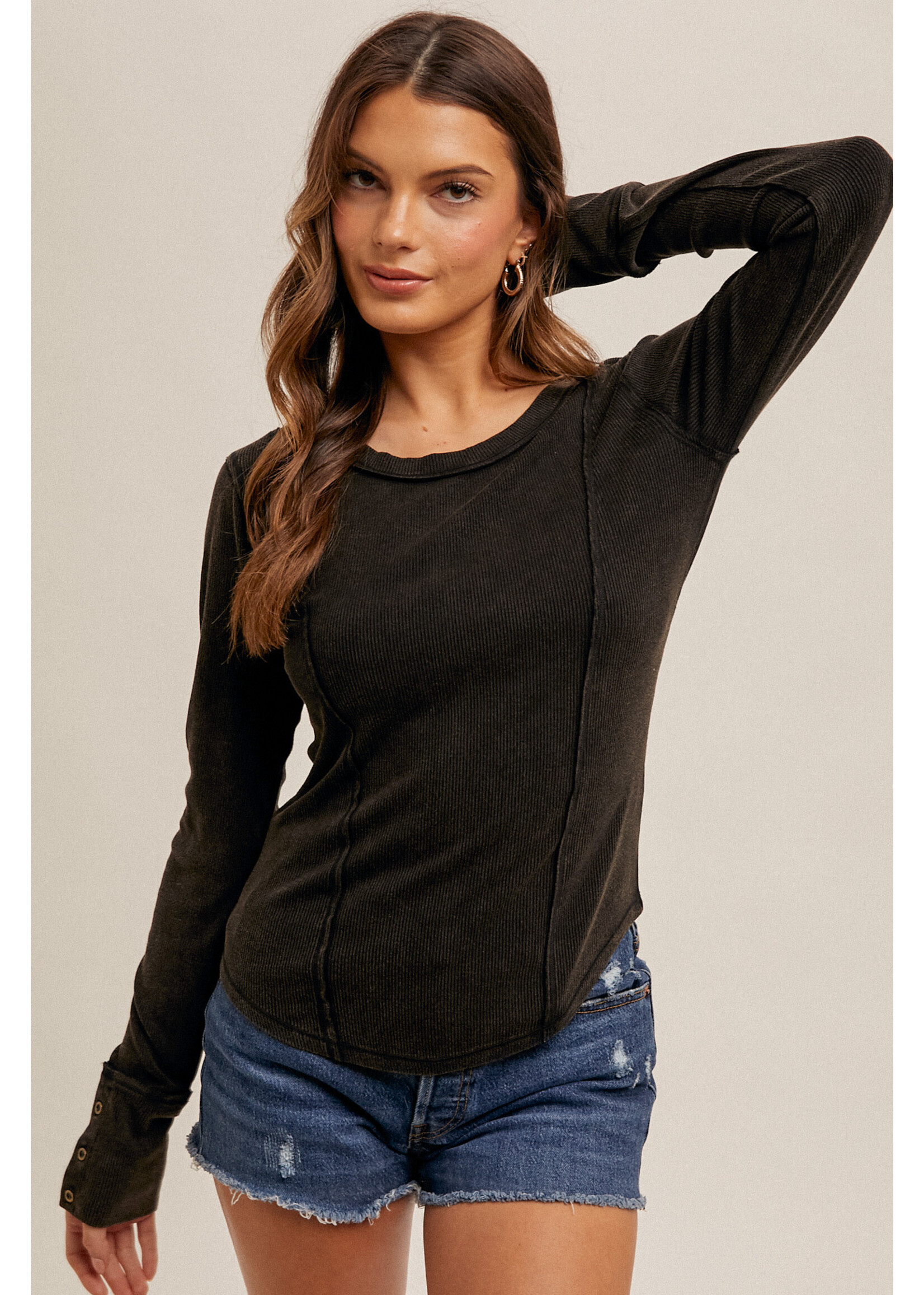 Hem & Thread Wide Boat Neck Snow Washed Rib Henley Top