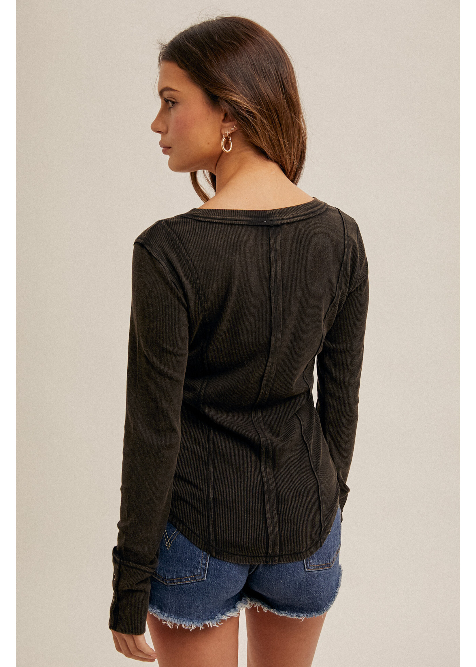 Hem & Thread Wide Boat Neck Snow Washed Rib Henley Top