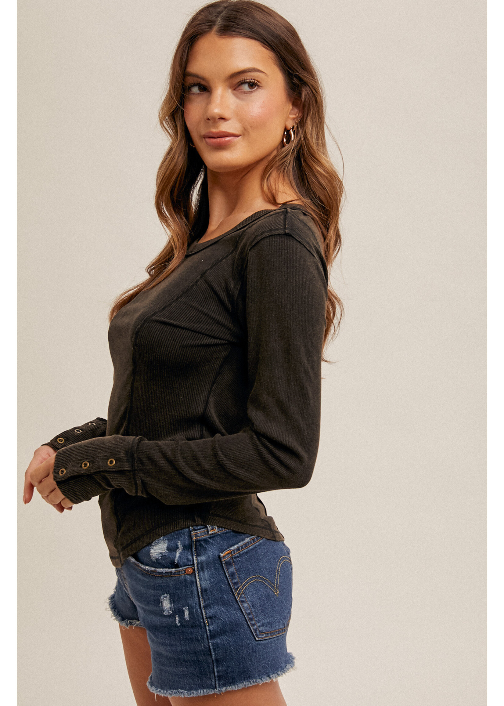Hem & Thread Wide Boat Neck Snow Washed Rib Henley Top