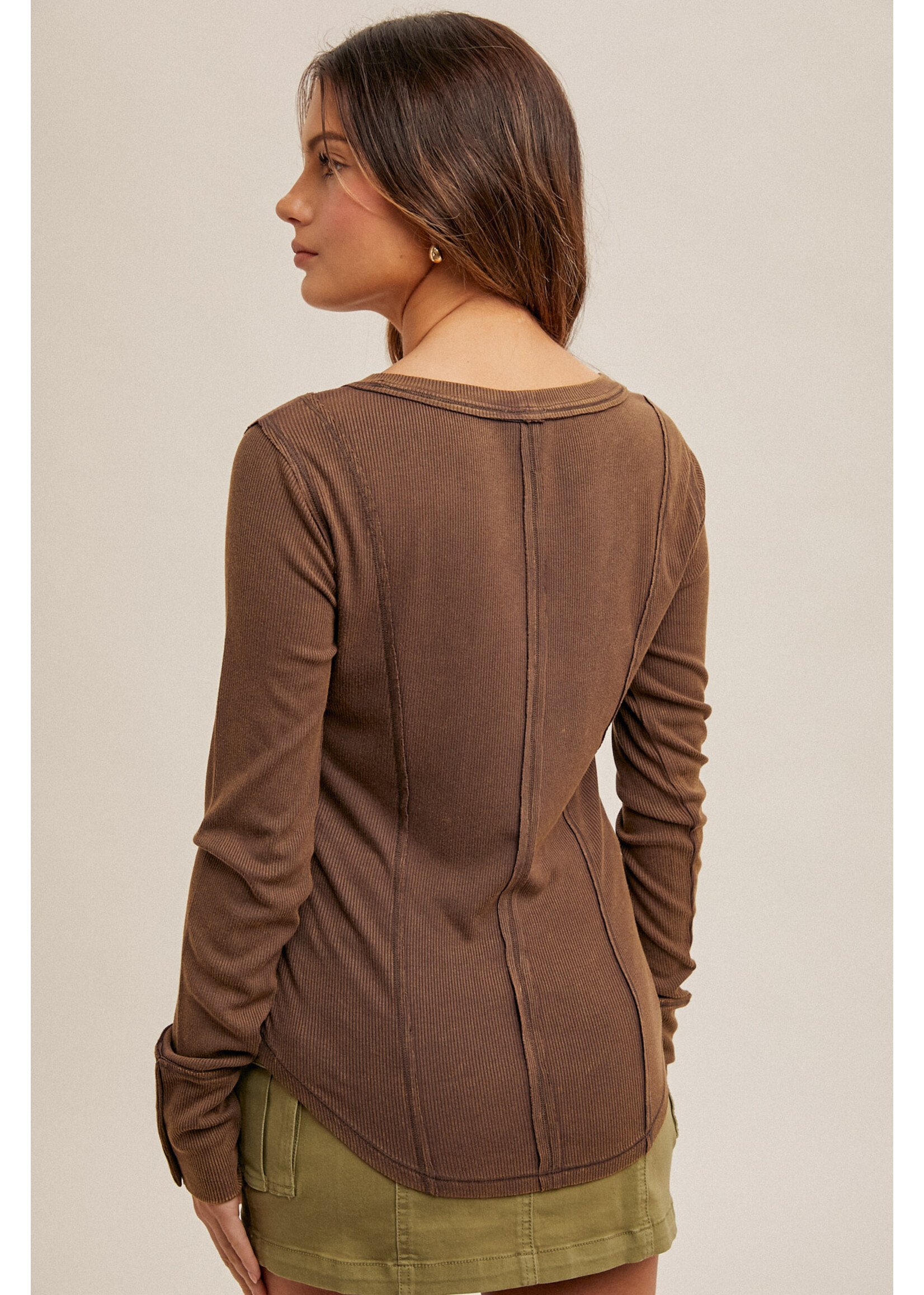 Hem & Thread Wide Boat Neck Snow Washed Rib Henley Top
