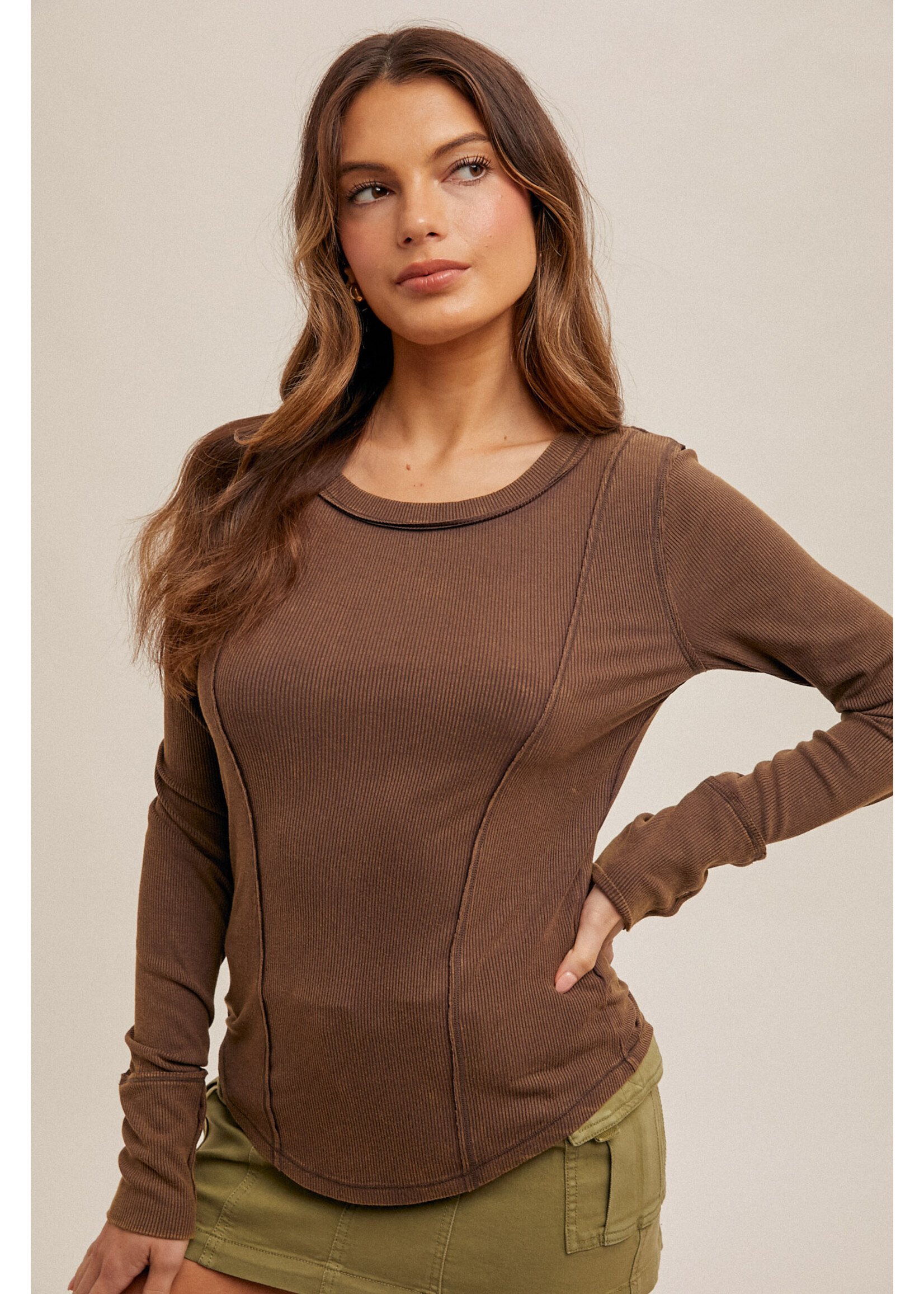 Hem & Thread Wide Boat Neck Snow Washed Rib Henley Top