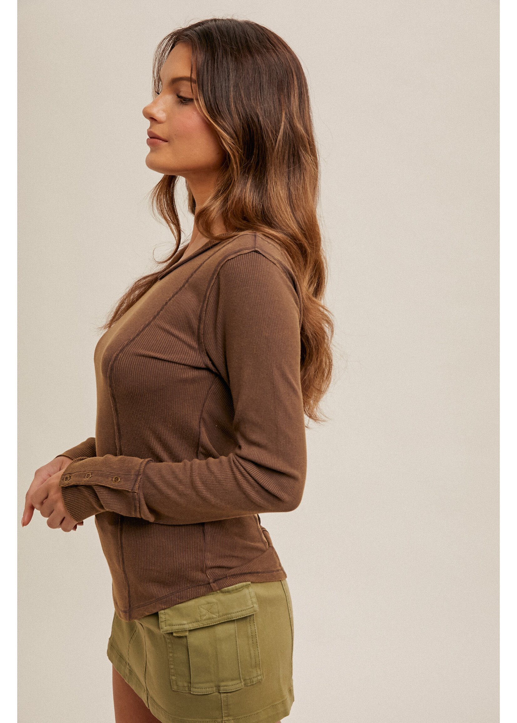 Hem & Thread Wide Boat Neck Snow Washed Rib Henley Top