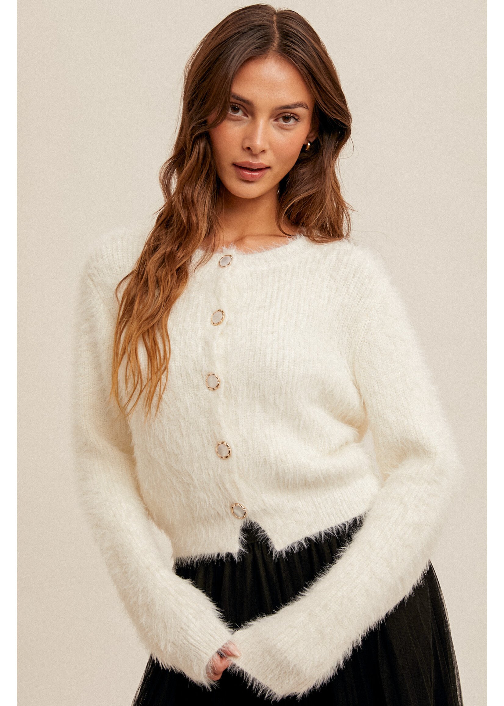 Hem & Thread Soft Eyelash Yarn Button Down Crop Cardigan