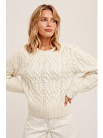 Hem & Thread Round Neck Cable Knit Pearl Sweater
