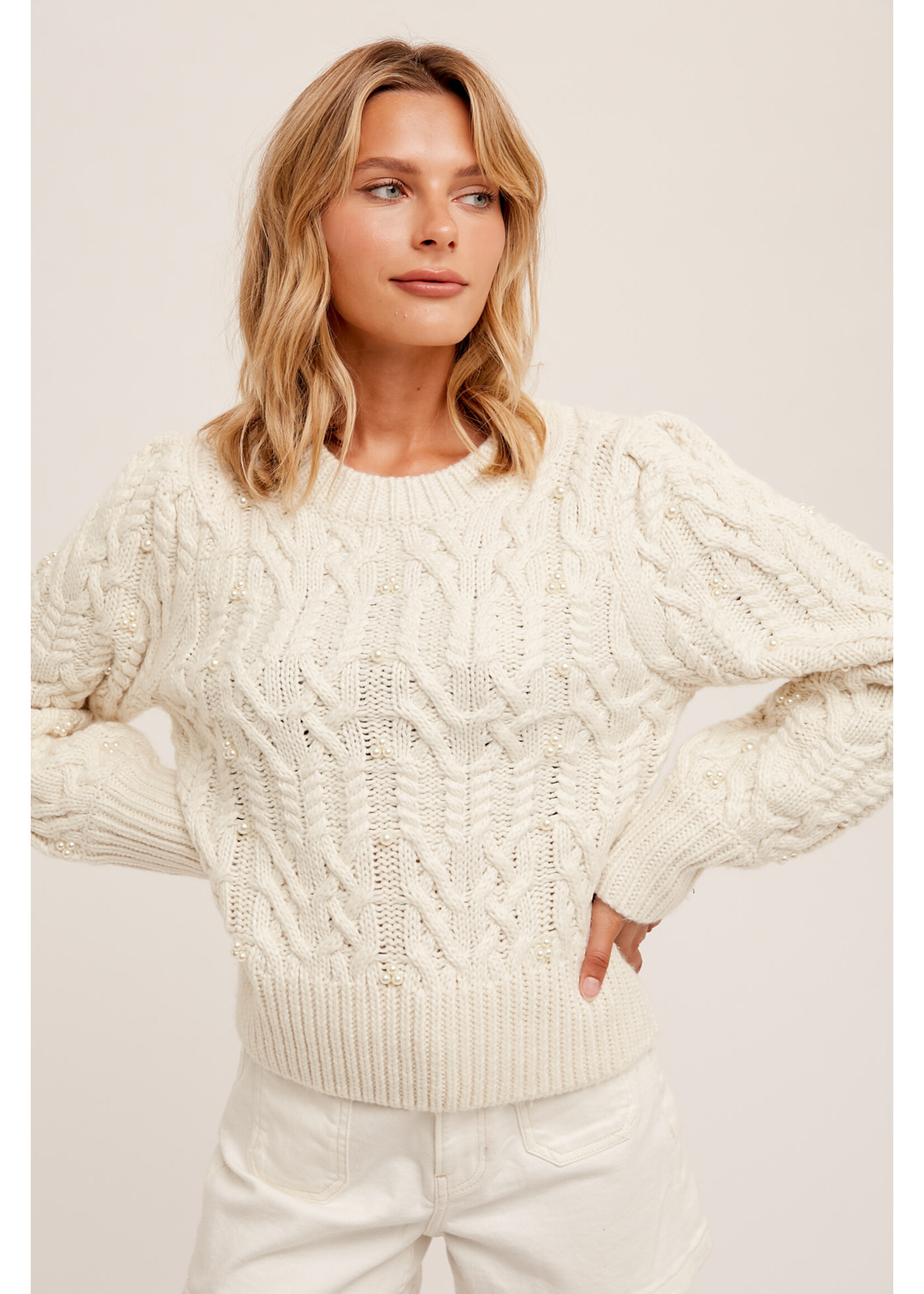 Hem & Thread Round Neck Cable Knit Pearl Sweater