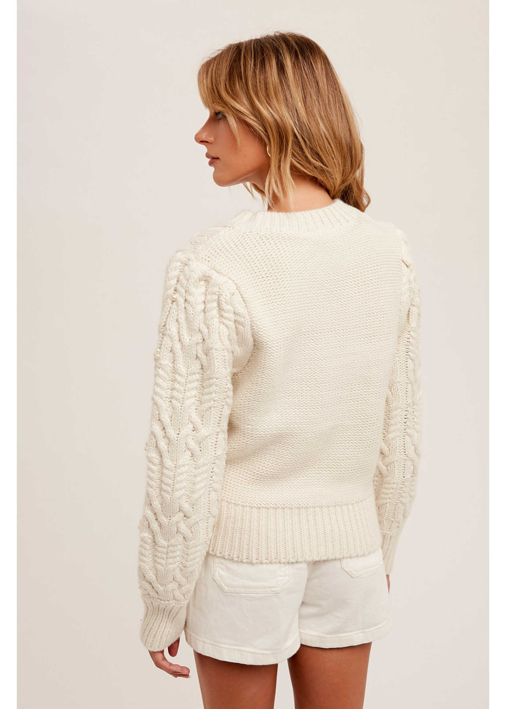 Hem & Thread Round Neck Cable Knit Pearl Sweater