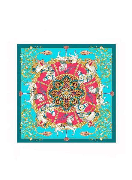 PRINTED CASHMERE SCARF: TOY HORSES: TURQUOISE