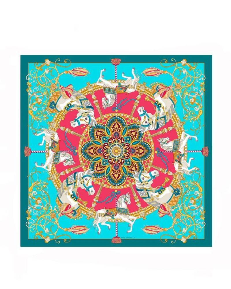 PRINTED CASHMERE SCARF: TOY HORSES: TURQUOISE