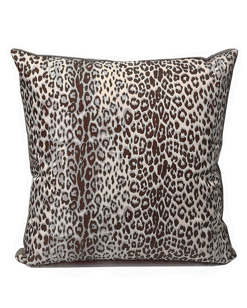 SILK PRINTED PILLOW W/ LEATHER TRIM: 21"X21": LEOPARD BROWN