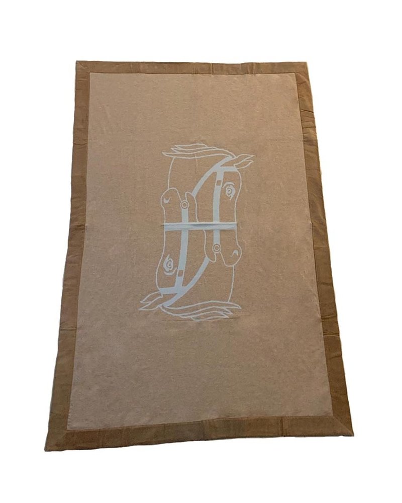 CASHMERE THROW W SUEDE DETAILS: 74" X 54":  LIGHT BLUE-CAMEL