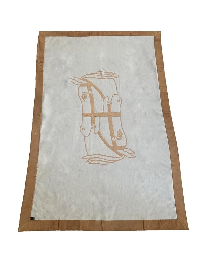 CASHMERE THROW W SUEDE DETAILS: 74" X 54":  LIGHT BLUE-CAMEL